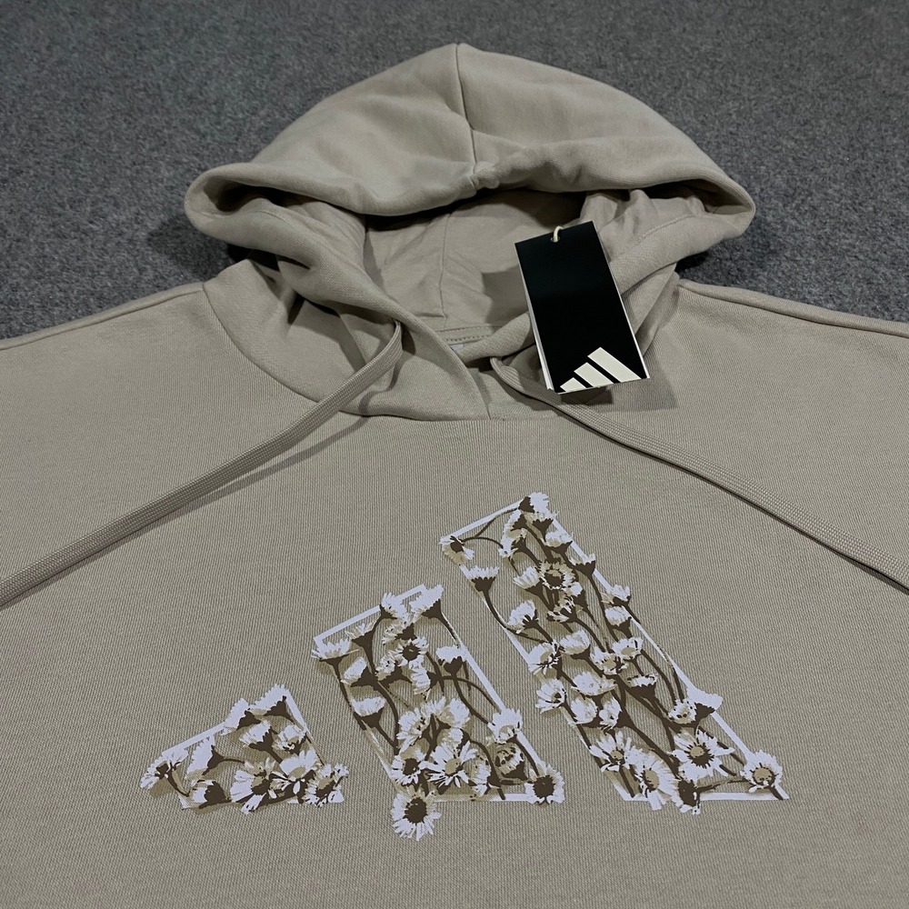 Adidas Trefoil Floral Logo Hoodie Womens XL Beige Pullover Fleece Sweatshirt - Picture 4 of 16